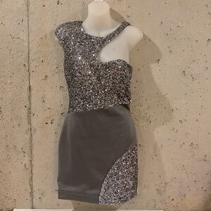 Arden B Exclusive Silver Sequin and Satin Mini Party Dress - Size M